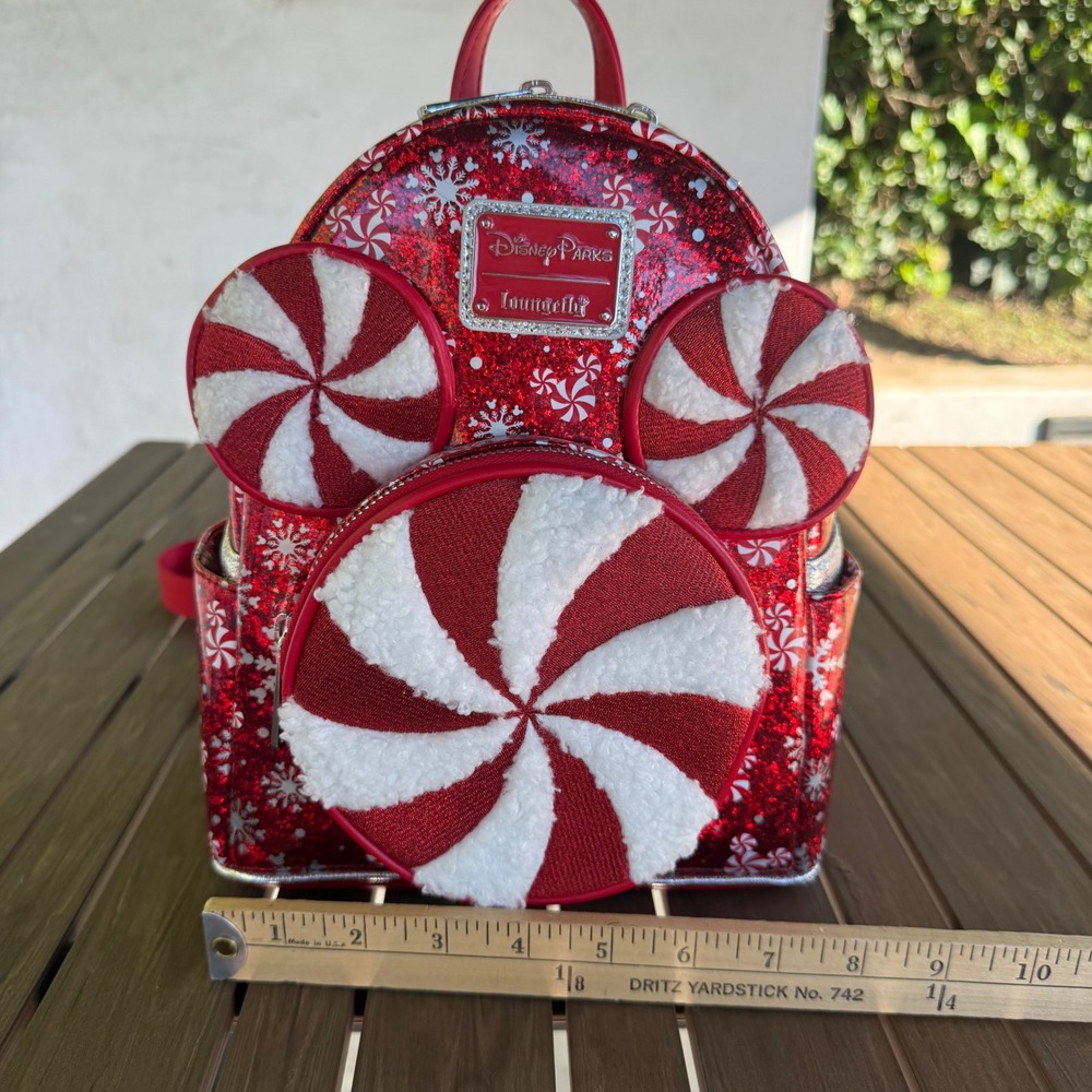 Disney Parks Loungefly Red Glitter Peppermint Mickey Mouse Holiday Mini Backpack - Picture 8 of 11